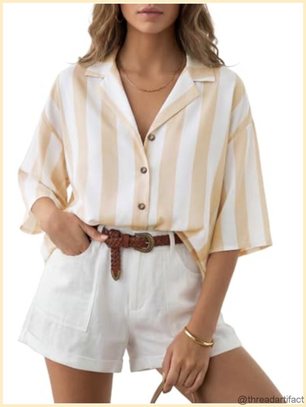 Striped Collared Button Down Blouse 3/4 Sleeve Loose Fit Dressy Casual